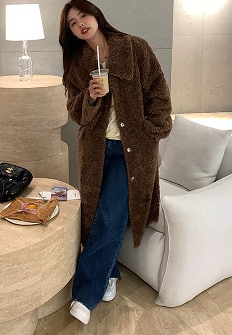 New Autumn/Winter Long Shearling Coat with Large Lapel CA25102440BE