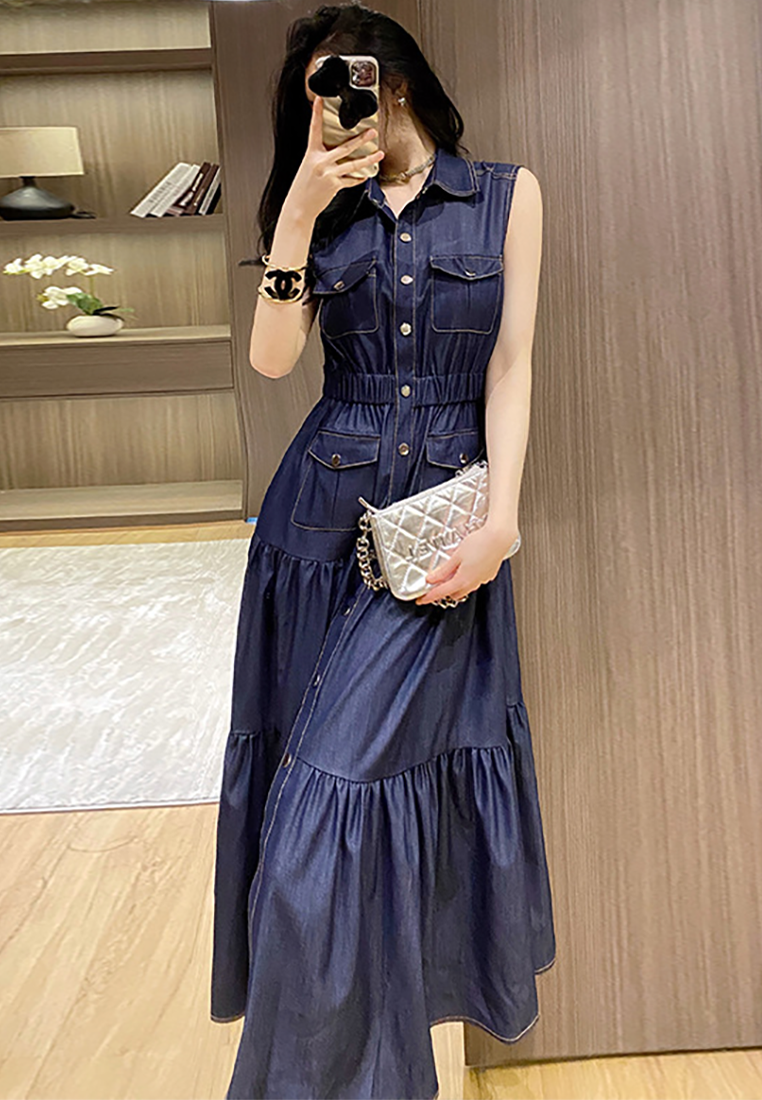Summer New Retro Sleeveless Tencel Denim Maxi Dress CA25091540BL
