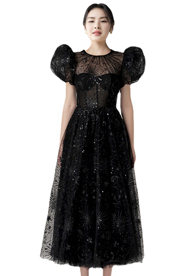 2024 Summer New Black Round Neck Bubble Sleeve Dress Slim Fit and Waist Tight CA4021940BK