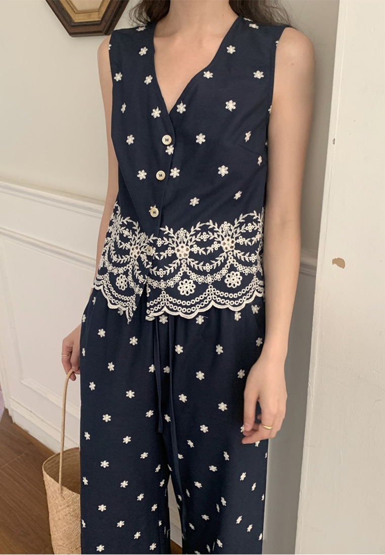 French holiday style embroidered v-neck vest + wide-leg pants set CA25060340BL