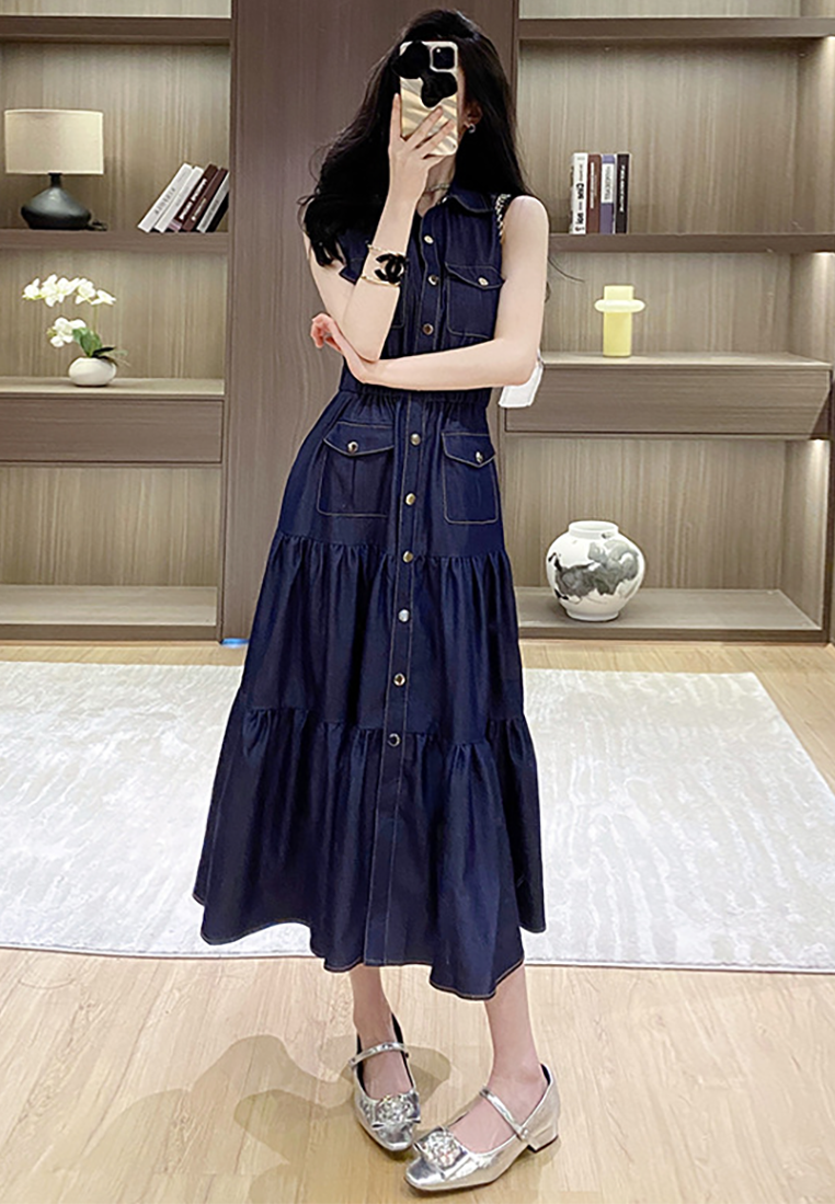 Summer New Retro Sleeveless Tencel Denim Maxi Dress CA25091540BL