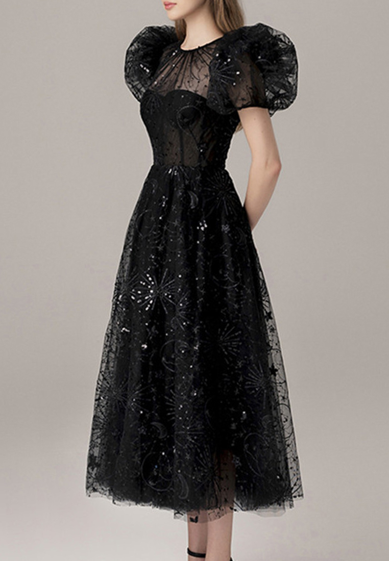 2024 Summer New Black Round Neck Bubble Sleeve Dress Slim Fit and Waist Tight CA4021940BK