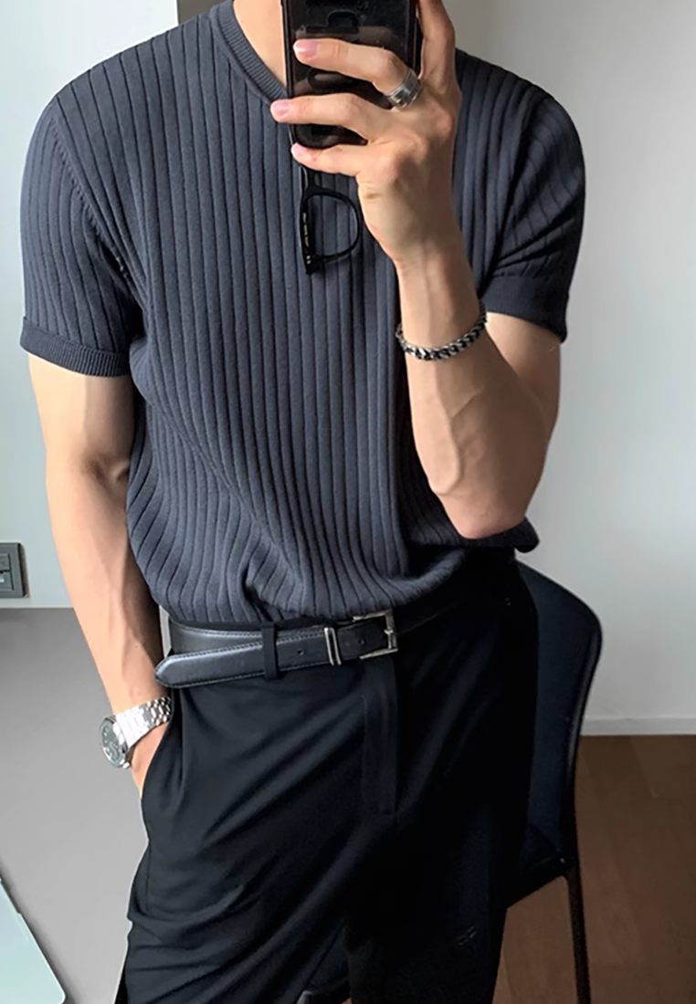 Men's summer Korean round neck knitted T-shirt CA25052340GY