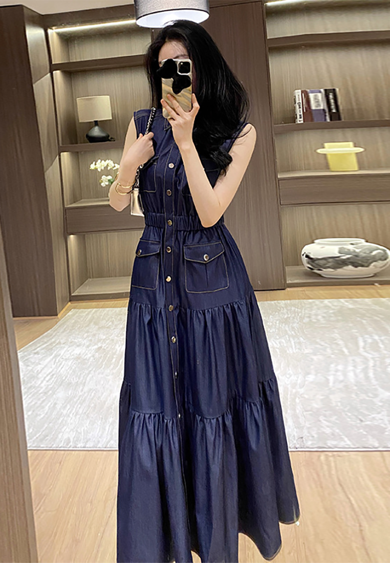 Summer New Retro Sleeveless Tencel Denim Maxi Dress CA25091540BL