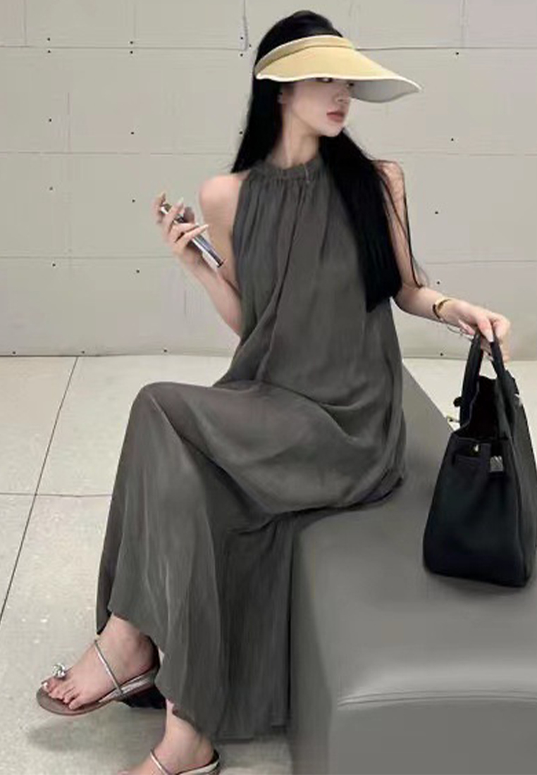 New off-shoulder halter neck solid color loose long skirt (with pockets) CA24050640