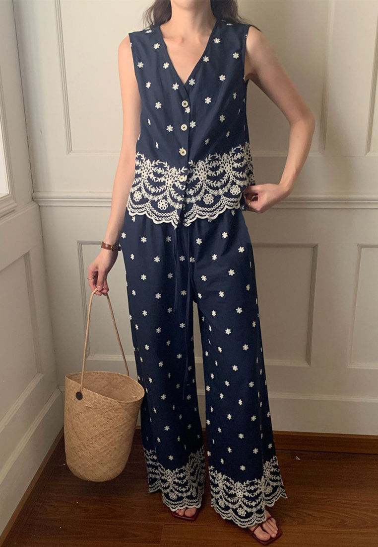 French holiday style embroidered v-neck vest + wide-leg pants set CA25060340BL