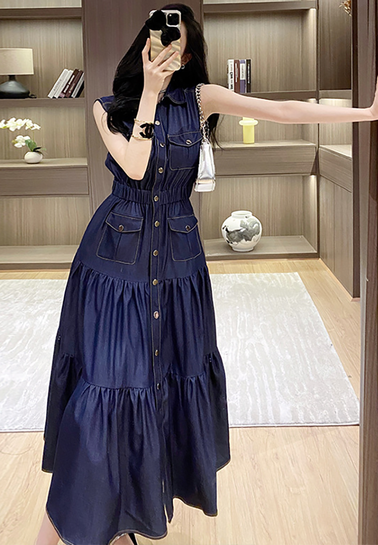 Summer New Retro Sleeveless Tencel Denim Maxi Dress CA25091540BL