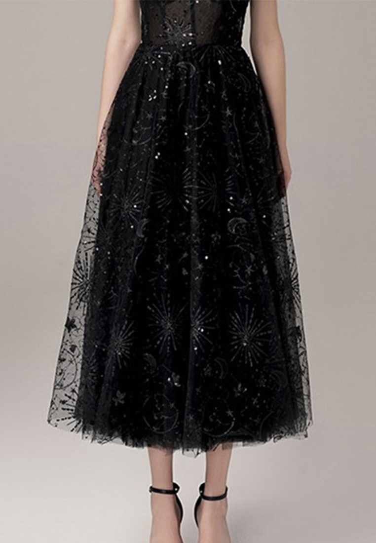 2024 Summer New Black Round Neck Bubble Sleeve Dress Slim Fit and Waist Tight CA4021940BK