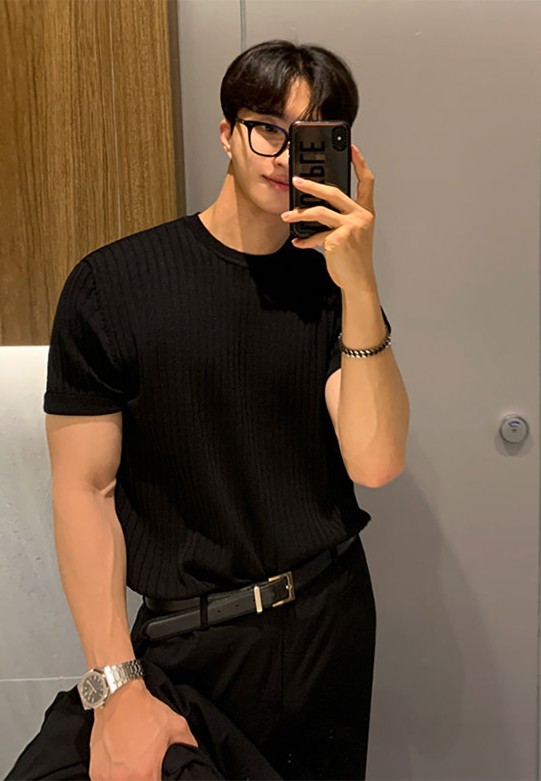 Men's summer Korean round neck knitted T-shirt CA25052340GY