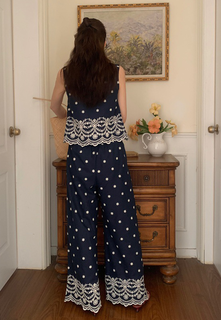 French holiday style embroidered v-neck vest + wide-leg pants set CA25060340BL