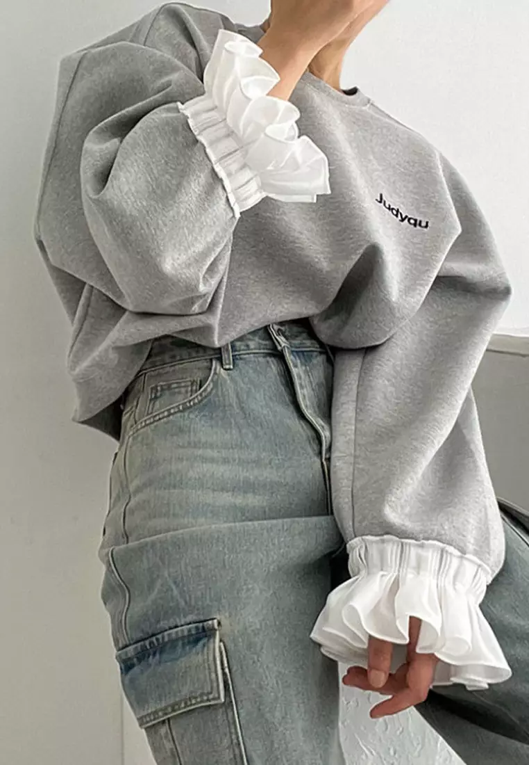 Fashionable patchwork round neck flared sleeve loose top CA24092518GY