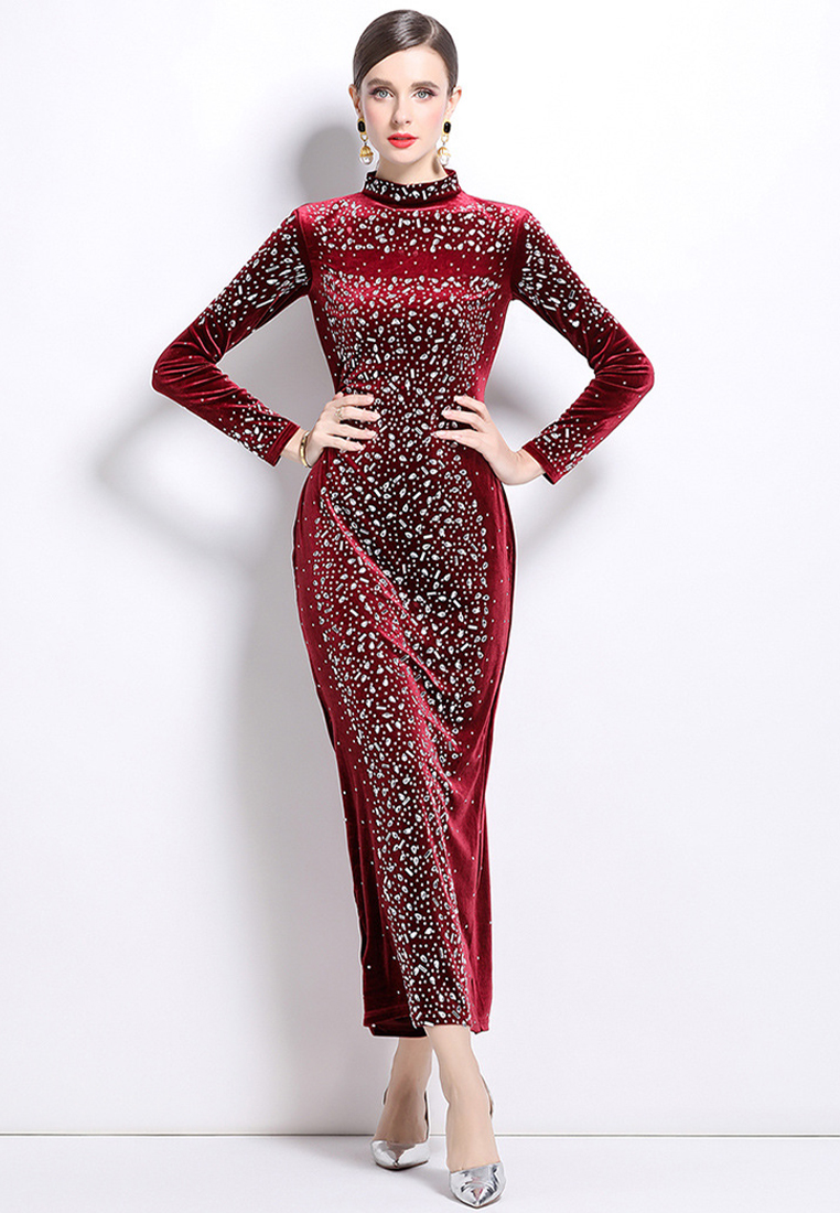 Round neck mesh patchwork slim fit dress CA241128141BK