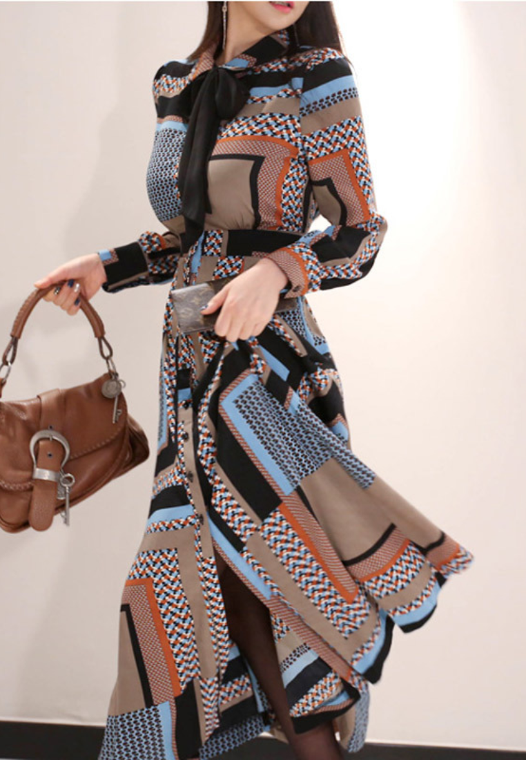 Spring Korean-style Elegant Lapel Single-breasted Printed Swing Maxi Dress CA25121141MT