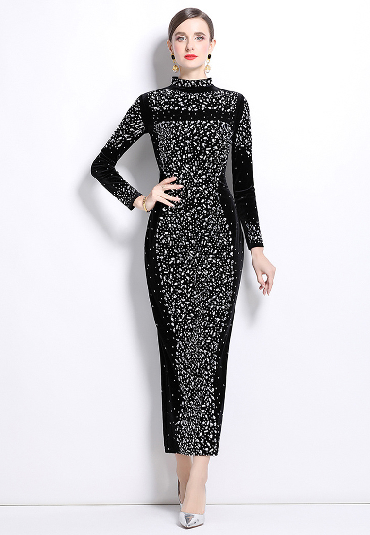 Round neck mesh patchwork slim fit dress CA241128141BK