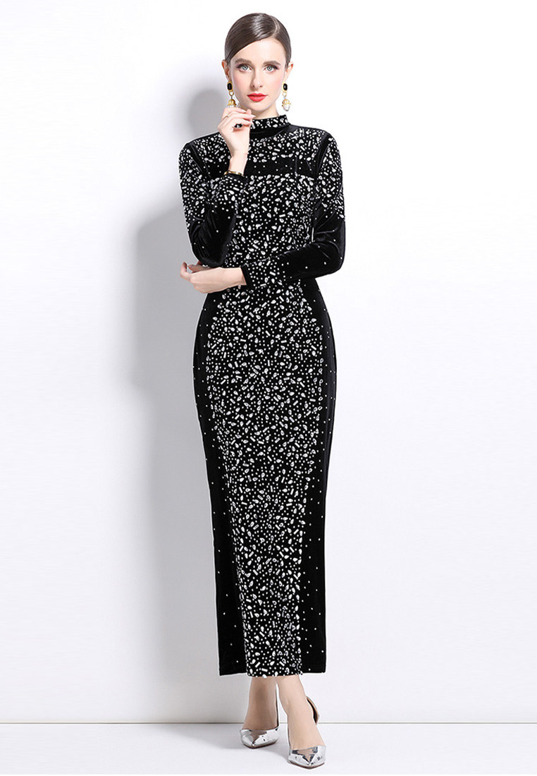 Round neck mesh patchwork slim fit dress CA241128141BK