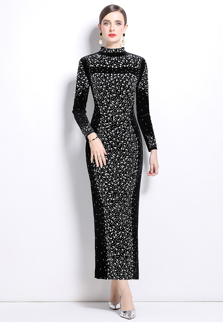 Round neck mesh patchwork slim fit dress CA241128141BK