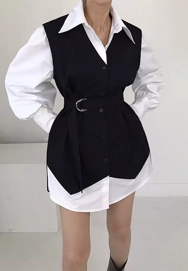 Korean retro lapel contrasting long sleeved dress CA24092734BE