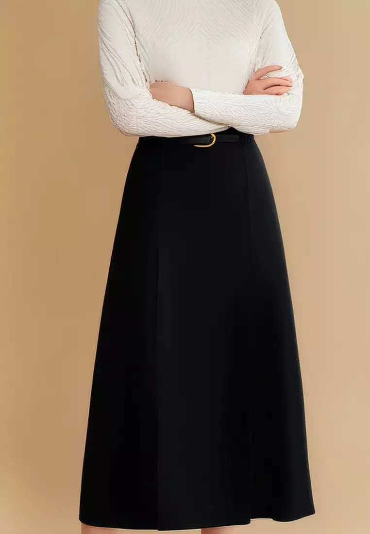 Temperament new high waist slit pleated skirt belt suit skirt K1021011BK