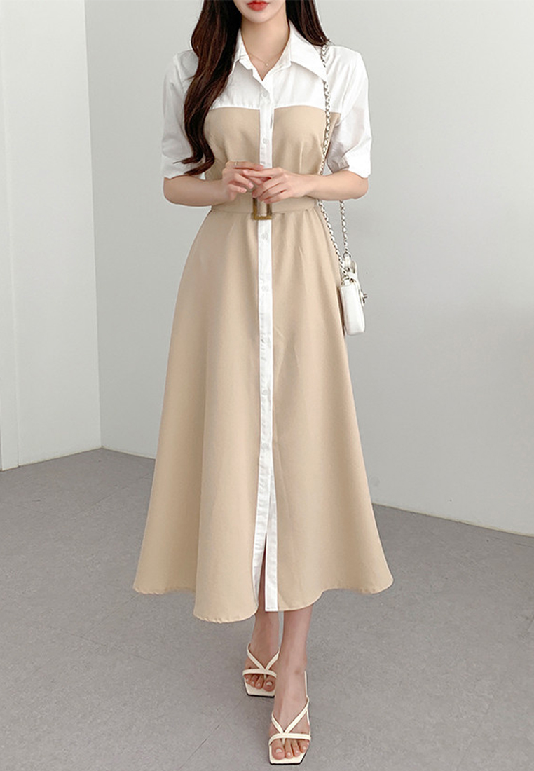 Temperament Splicing Waist Strap Dress CA25032746GR