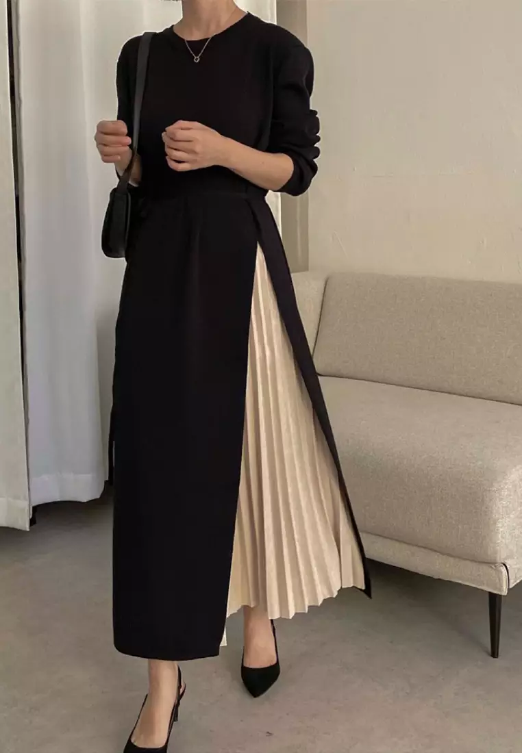 French elegant round neck patchwork lace up dress CA24092728BK