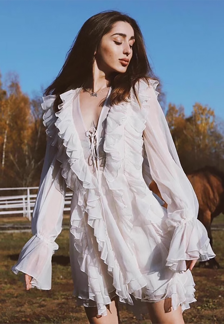 Summer seaside tie long sleeve ruffle dress CA25092542W