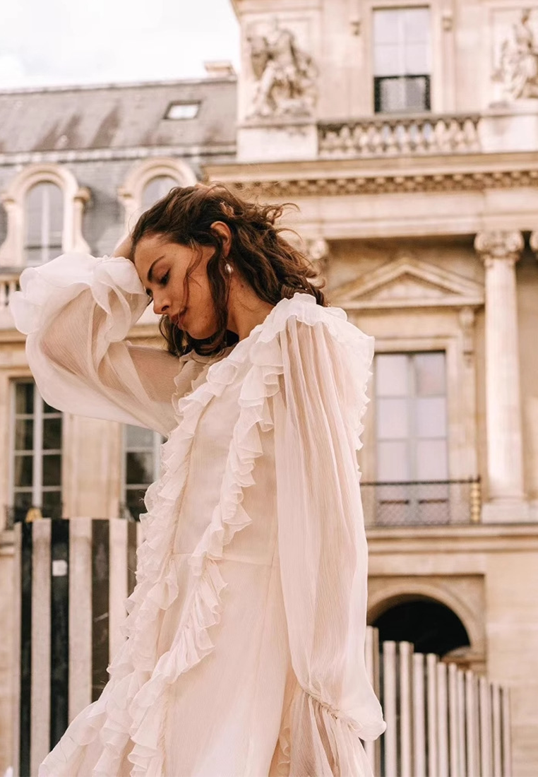 Summer seaside tie long sleeve ruffle dress CA25092542W