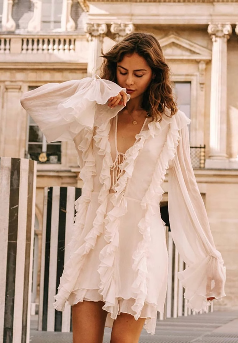 Summer seaside tie long sleeve ruffle dress CA25092542W