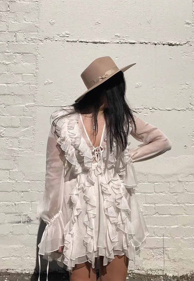 Summer seaside tie long sleeve ruffle dress CA25092542W