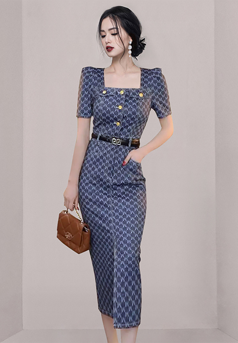 Summer Korean-style Square Neck Slit Waist-Tie Pocket Dress CA25091542BL