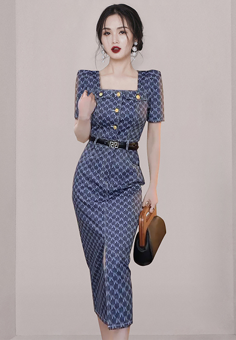 Summer Korean-style Square Neck Slit Waist-Tie Pocket Dress CA25091542BL