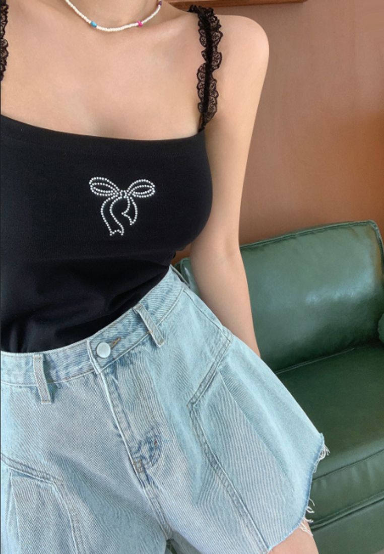 Early summer high waist pleated loose denim wide-leg shorts CA25042942PI