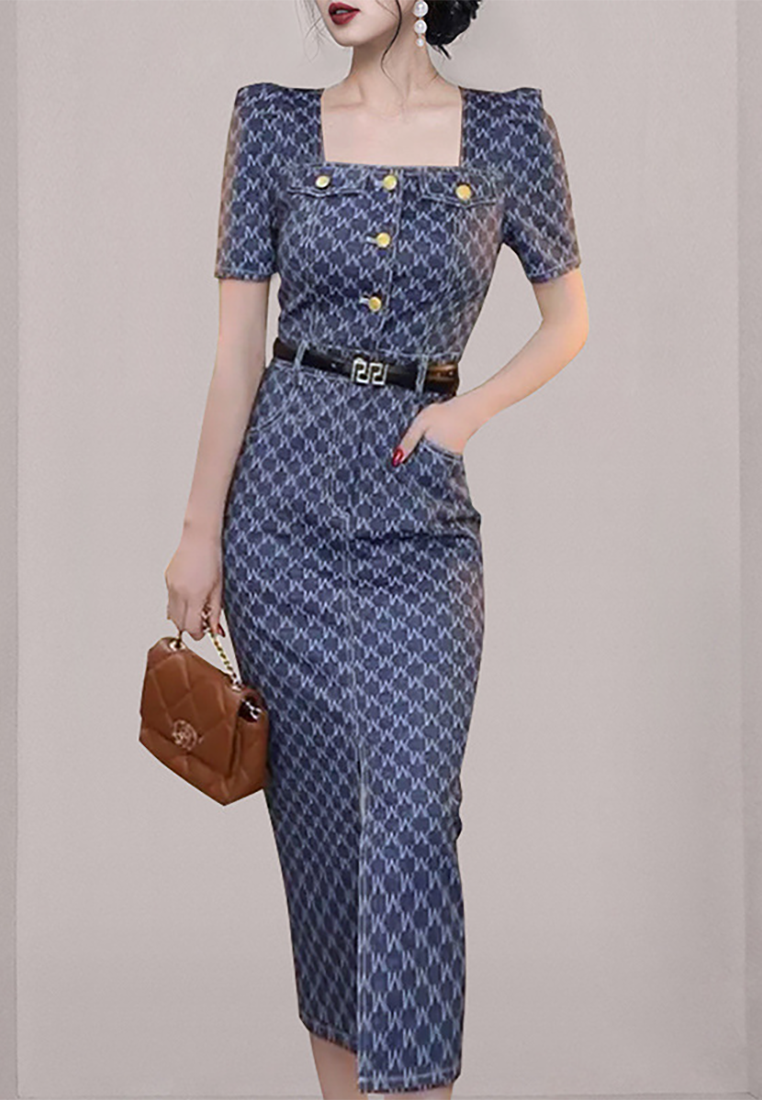 Summer Korean-style Square Neck Slit Waist-Tie Pocket Dress CA25091542BL