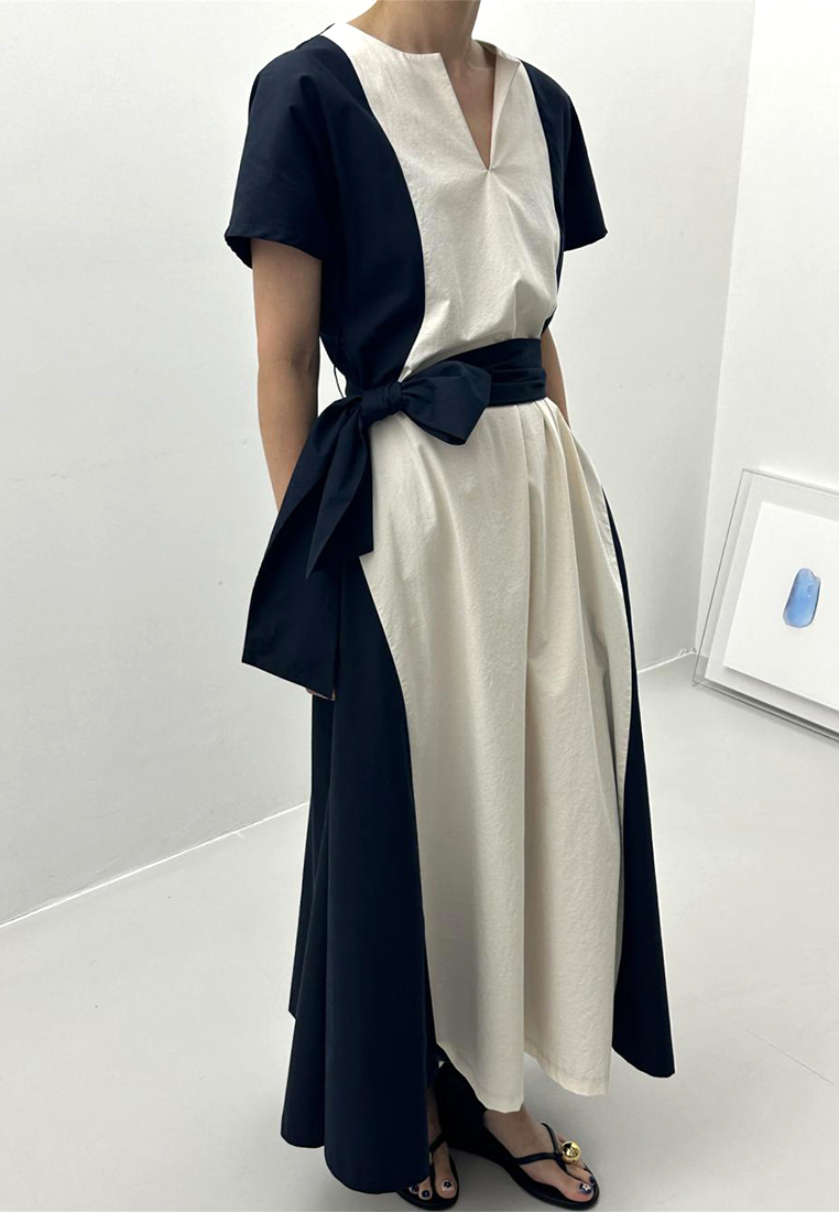 2024 Contrast V-neck Lace Loose Dress CA24041042BK