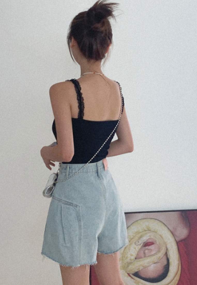 Early summer high waist pleated loose denim wide-leg shorts CA25042942PI