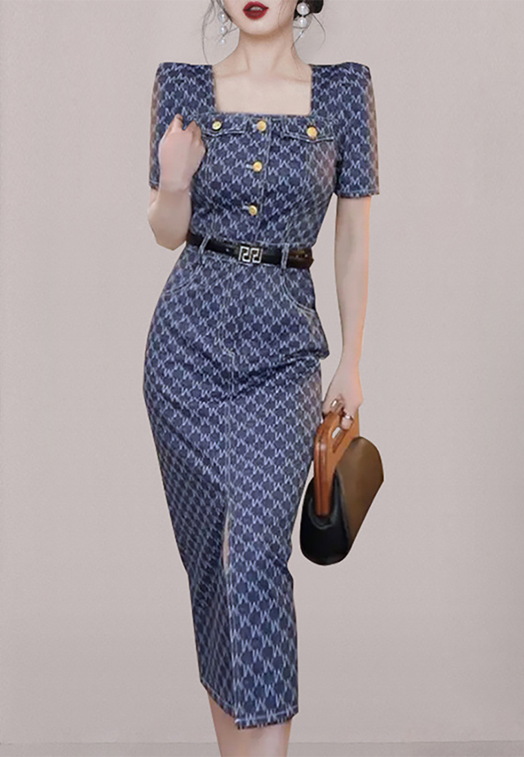 Summer Korean-style Square Neck Slit Waist-Tie Pocket Dress CA25091542BL
