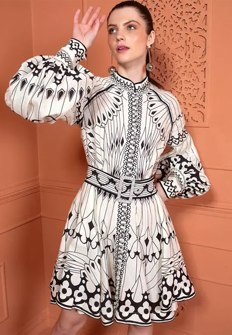 French Retro Lantern Sleeve Printed Tea Dress CA25092543W