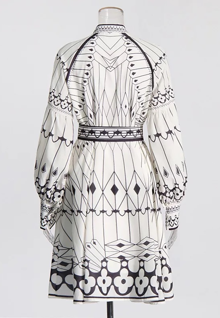 French Retro Lantern Sleeve Printed Tea Dress CA25092543W