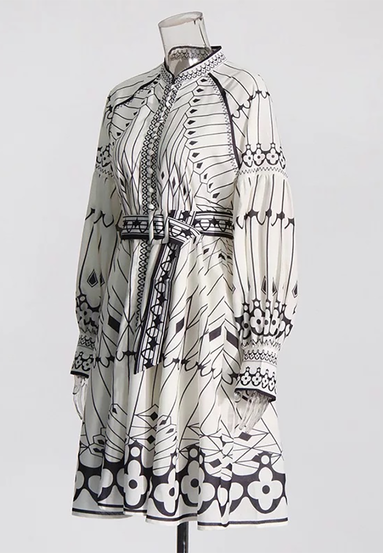 French Retro Lantern Sleeve Printed Tea Dress CA25092543W