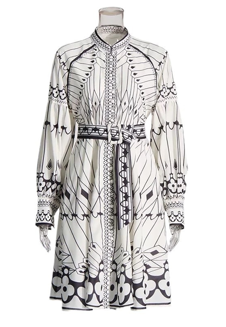 French Retro Lantern Sleeve Printed Tea Dress CA25092543W