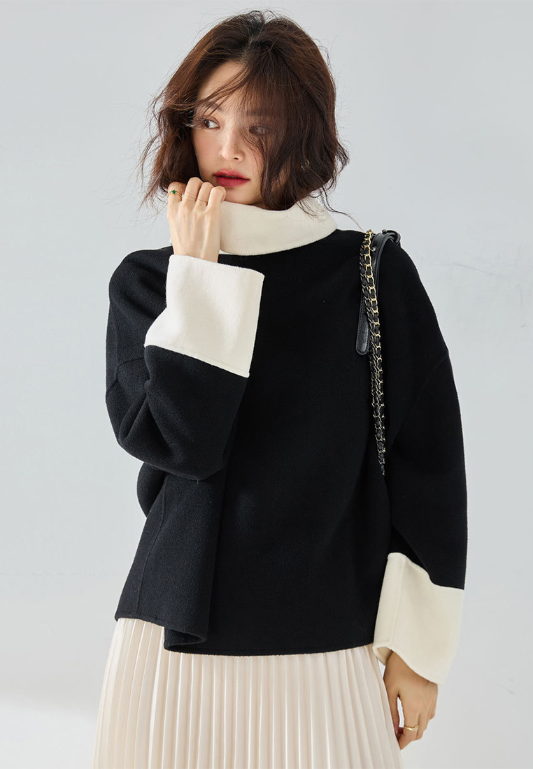Contrasting color temperament high neck 95% wool sweater CA24091143BK
