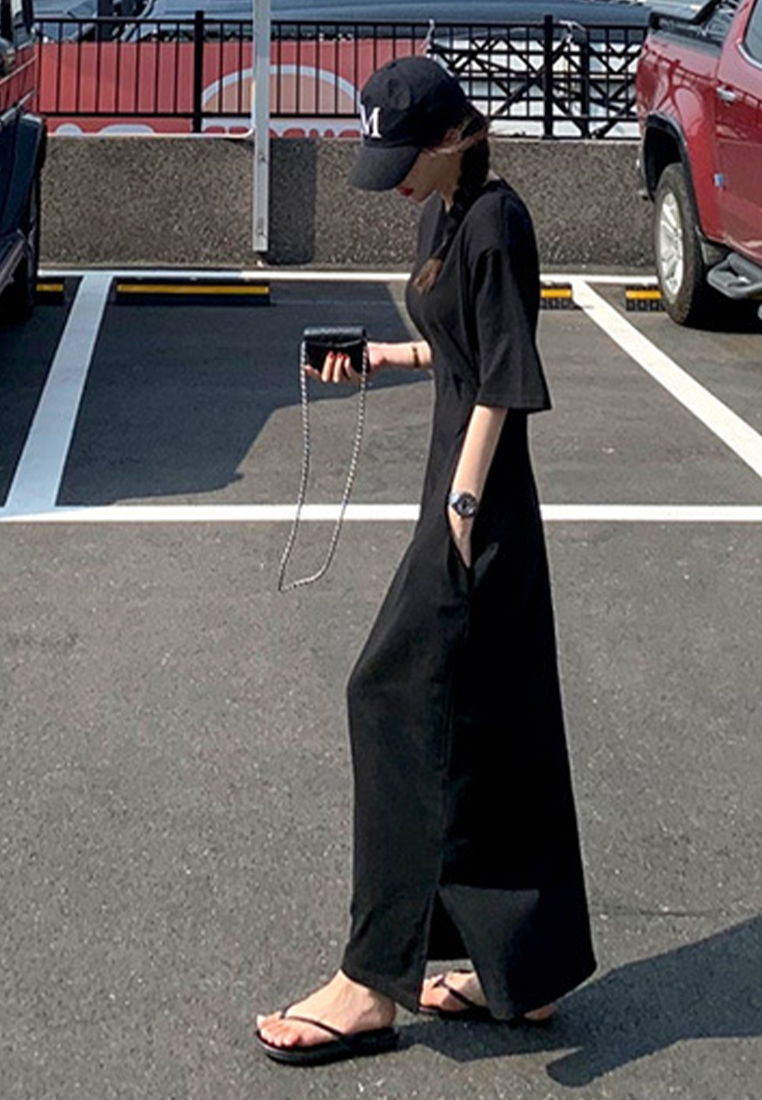 New casual round neck solid color short sleeved dress CA25032743PI