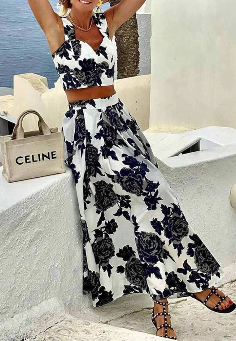 Summer Fashion Printed Top Simple Half Skirt Set CA25042243BK