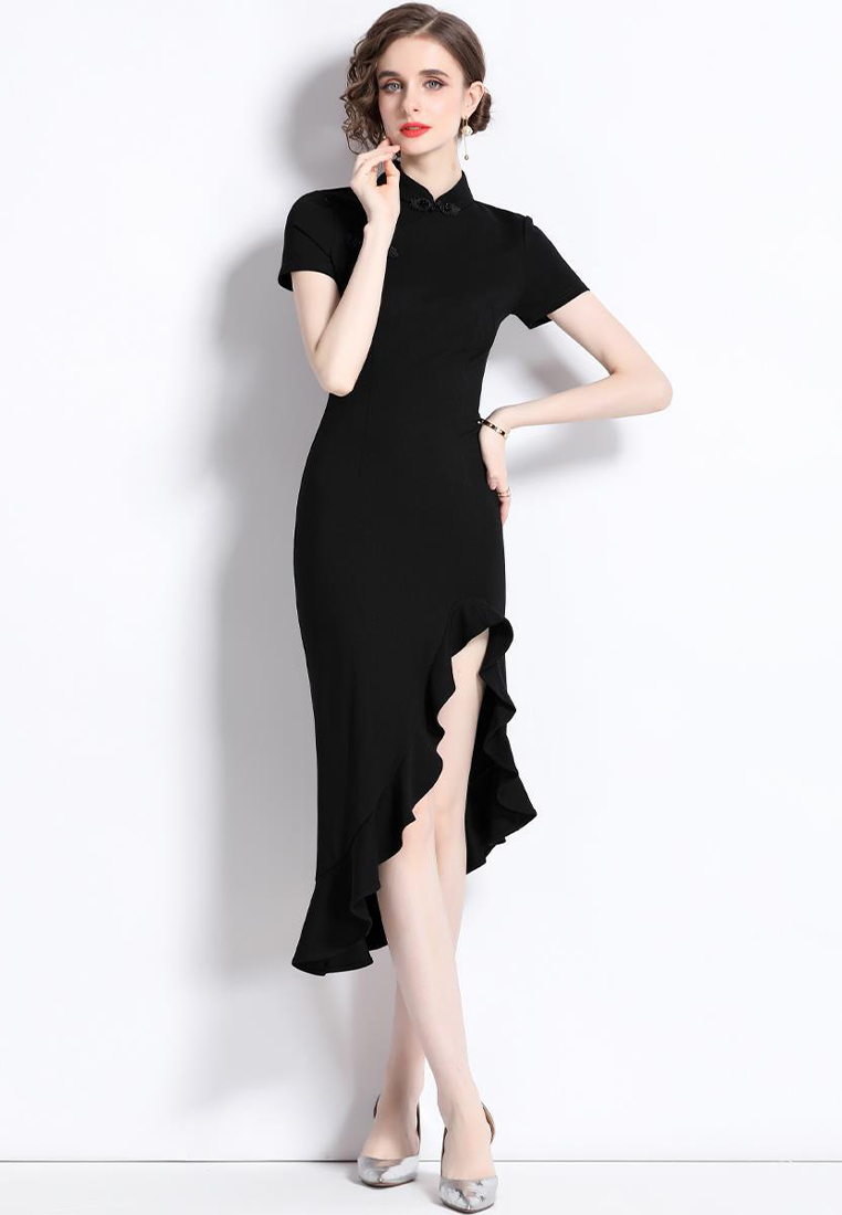 Black Sexy Retro Ruffled Slit Dress CA100543