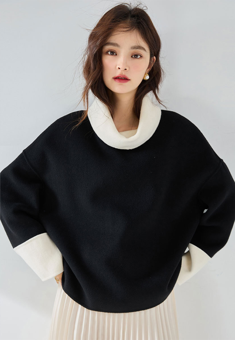 Contrasting color temperament high neck 95% wool sweater CA24091143BK
