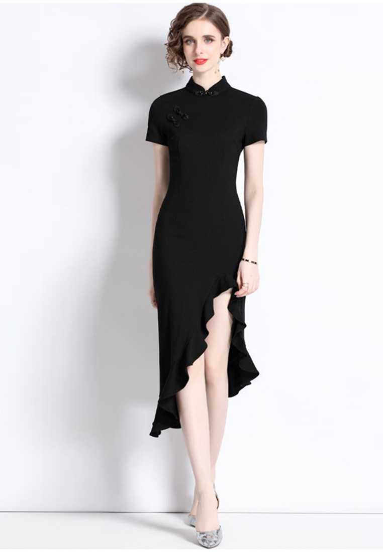 Black Sexy Retro Ruffled Slit Dress CA100543