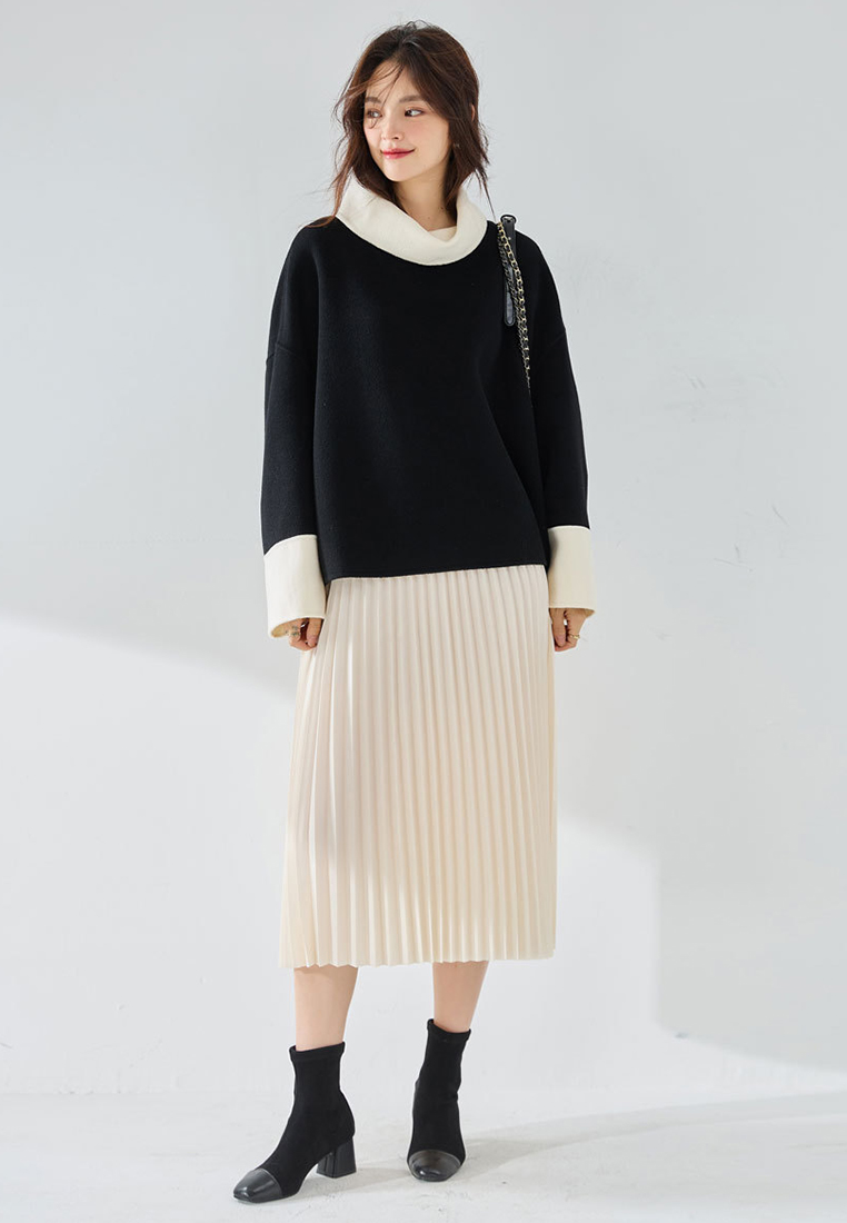 Contrasting color temperament high neck 95% wool sweater CA24091143BK