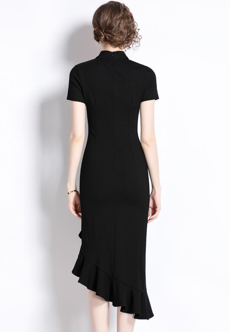 Black Sexy Retro Ruffled Slit Dress CA100543