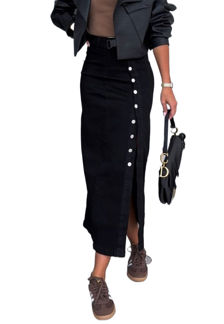 New button slim fit split half body denim skirt CA25042275BK