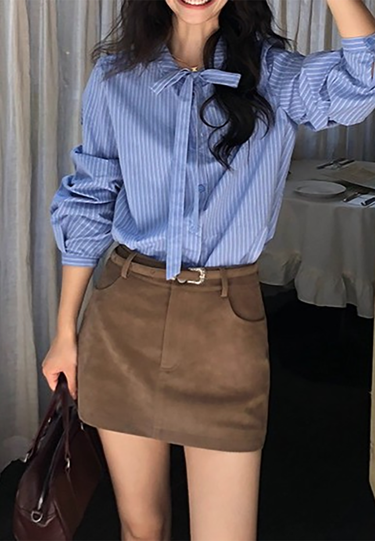 Blue bow striped long-sleeved top CA25091932BL