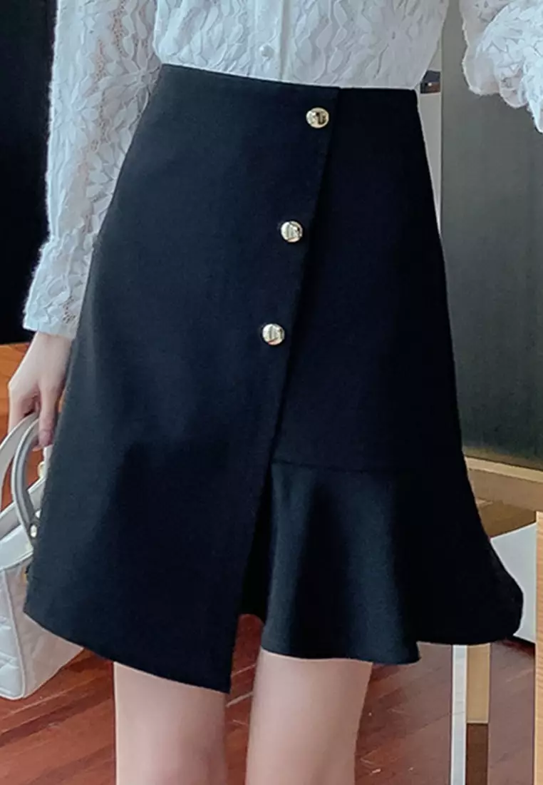 Temperament High Waist Pack Hip Ruffle Skirt A22022521BK